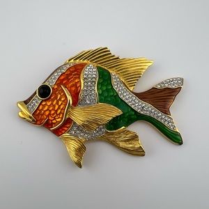 Vintage CARLISLE Swarovski Rhinestone & Enamel LargeFish
Pin Brooch, Signed.
